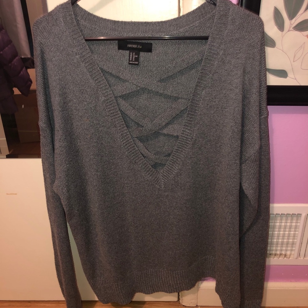 Forever 21+ Unique V-Neck Gray Sweater